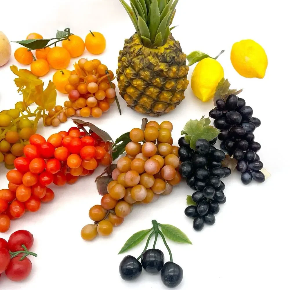 Vintage Faux Fruit Lot Grape Clusters Pineapple Lemons Midcentury Cornucopia Set